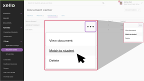 Transcripts page in Xello with the "Unmatched" tab open. Three dot menu next to student name is open with cursor selecting "Match to Student"